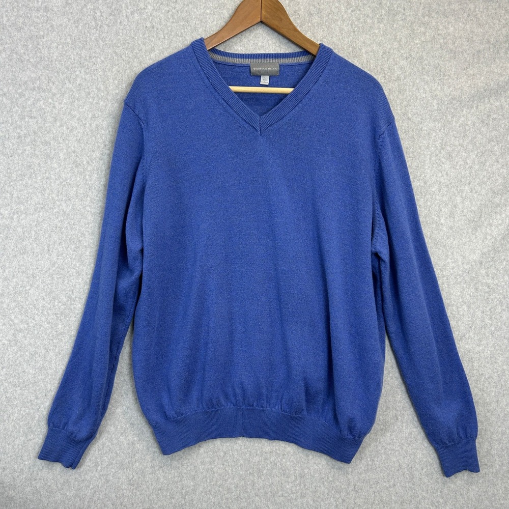 Thomas Dean V-Neck Sweater Blue Extrafine Merino Wool Old Money Mens Large READ